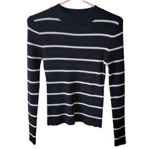 Womens Mock Neck Striped Sweater Black & White Salty Wave Small Minimalist